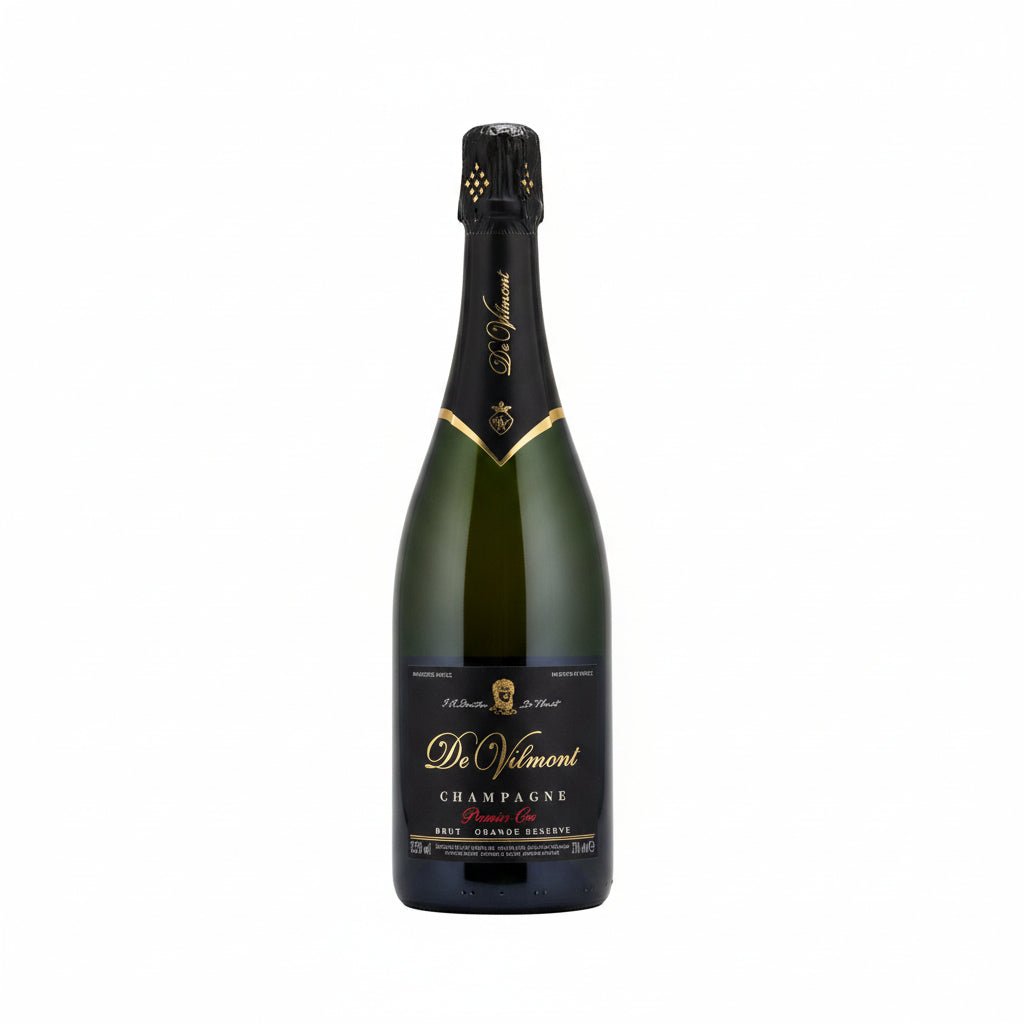 De Vilmont Champagne Brut Premier Cru Grand Reserve bottle with elegant label and sparkling golden liquid inside.