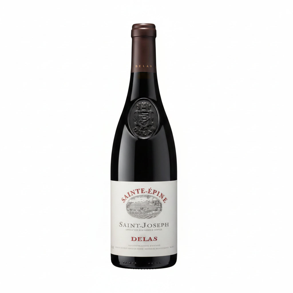 Bottle of Delas Sainte Epine Saint Joseph red wine with a dark glass bottle and elegant label, on a neutral background.