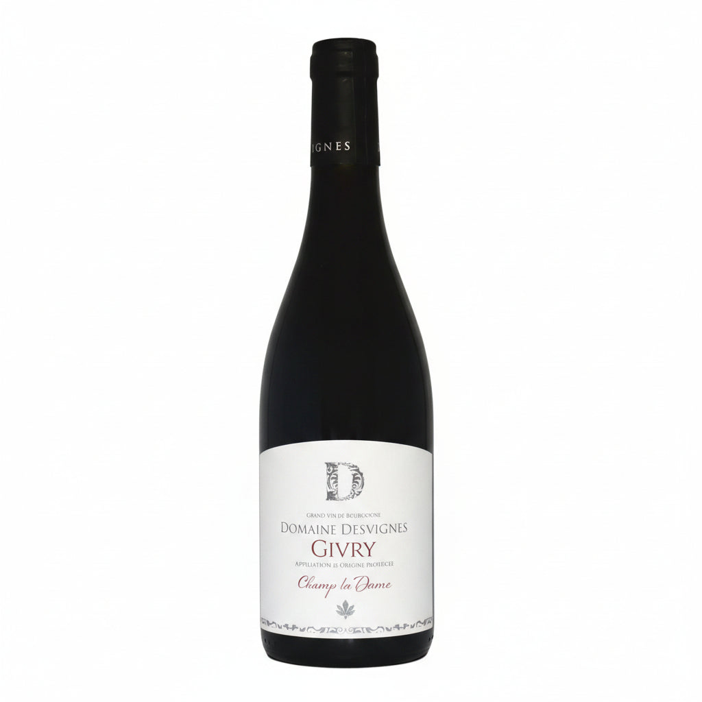 Bottle of Desvignes Givry red wine with a dark label and cork, showcasing the wine's elegant packaging.