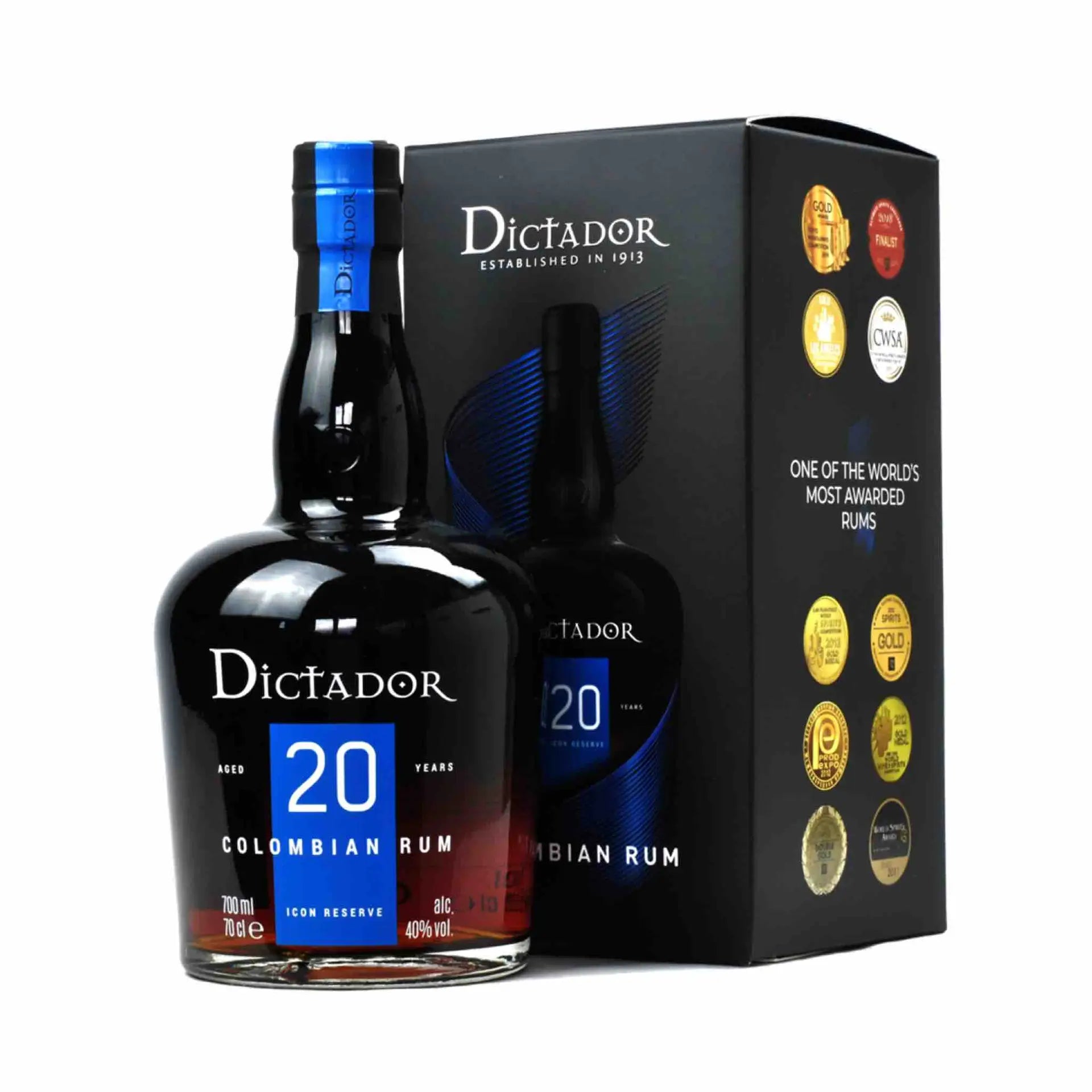Buy Dictador 20 Year Old Rum 700mL bottle with award-winning packaging on display
