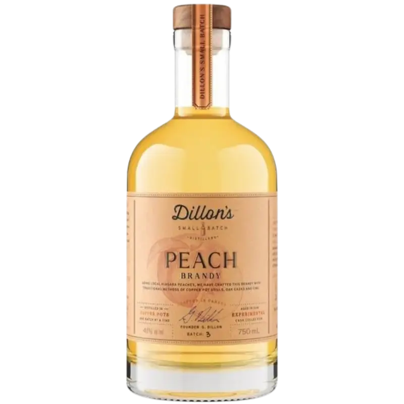 Buy Dillon's Peach Brandy 750mL, small batch peach liquor in clear glass bottle