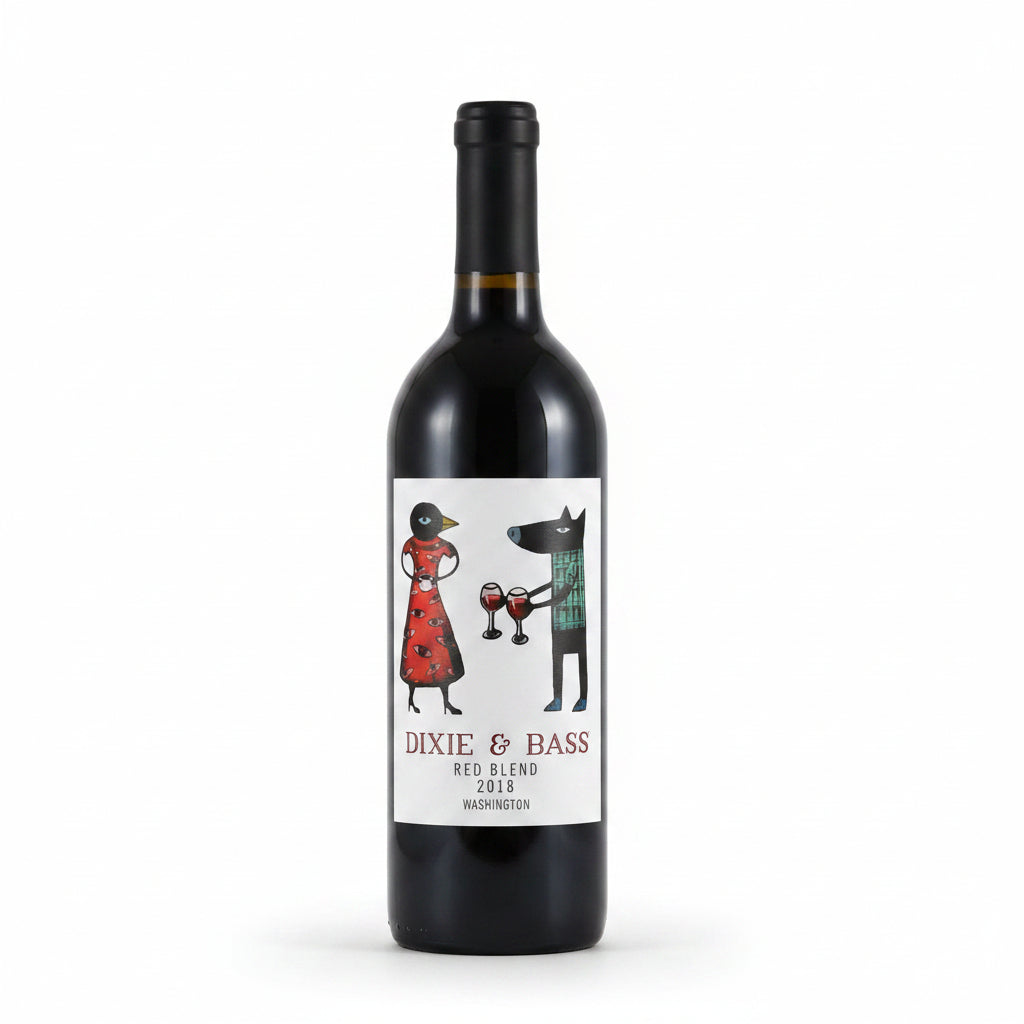 Dixie & Bass Red Blend wine bottle, 750mL, with a dark red label and elegant design, displayed on a wooden table.