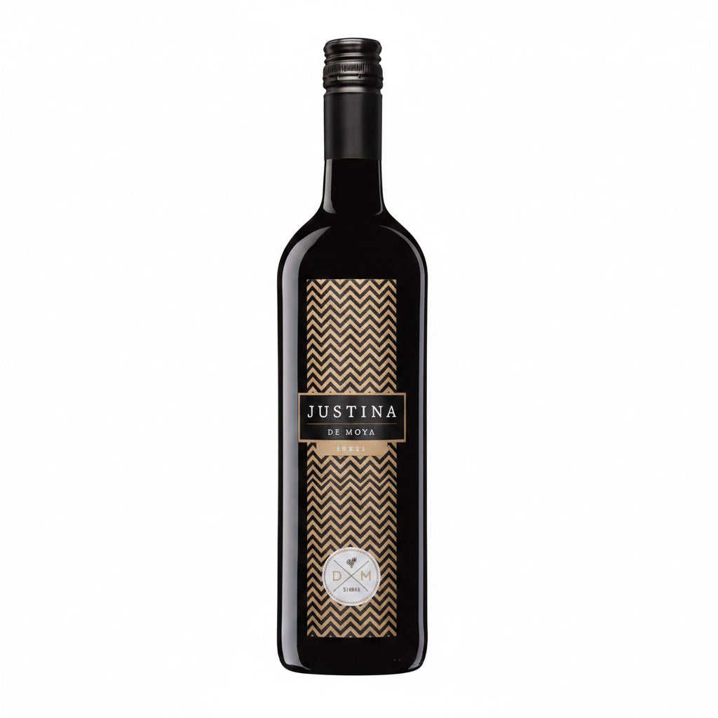 Bottle of Dm De Moya Justina Bobal red wine in a 750mL bottle with a label featuring the Dm brand and wine details.