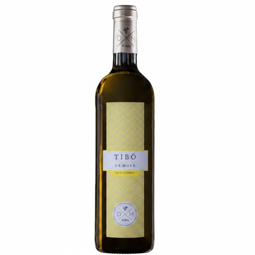 Bottle of Dm De Moya Tibo Merseguera white wine in a 750mL bottle with a label featuring the Dm brand and wine details.