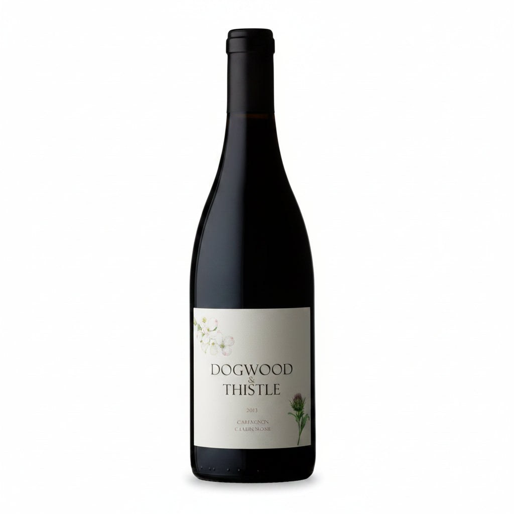 Dogwood Thistle Testa Carignan Mendocino 750mL wine bottle with label featuring a detailed design and elegant branding.