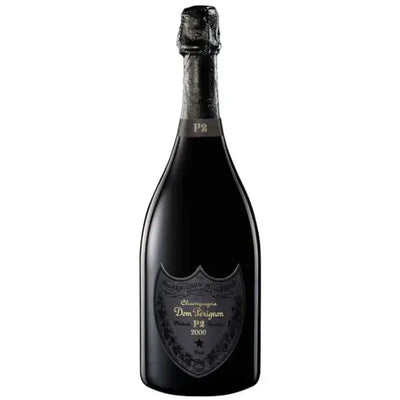 A bottle of Dom Perignon Plentitude 2 Vintage 2000 champagne with elegant label, displayed upright against a neutral background.