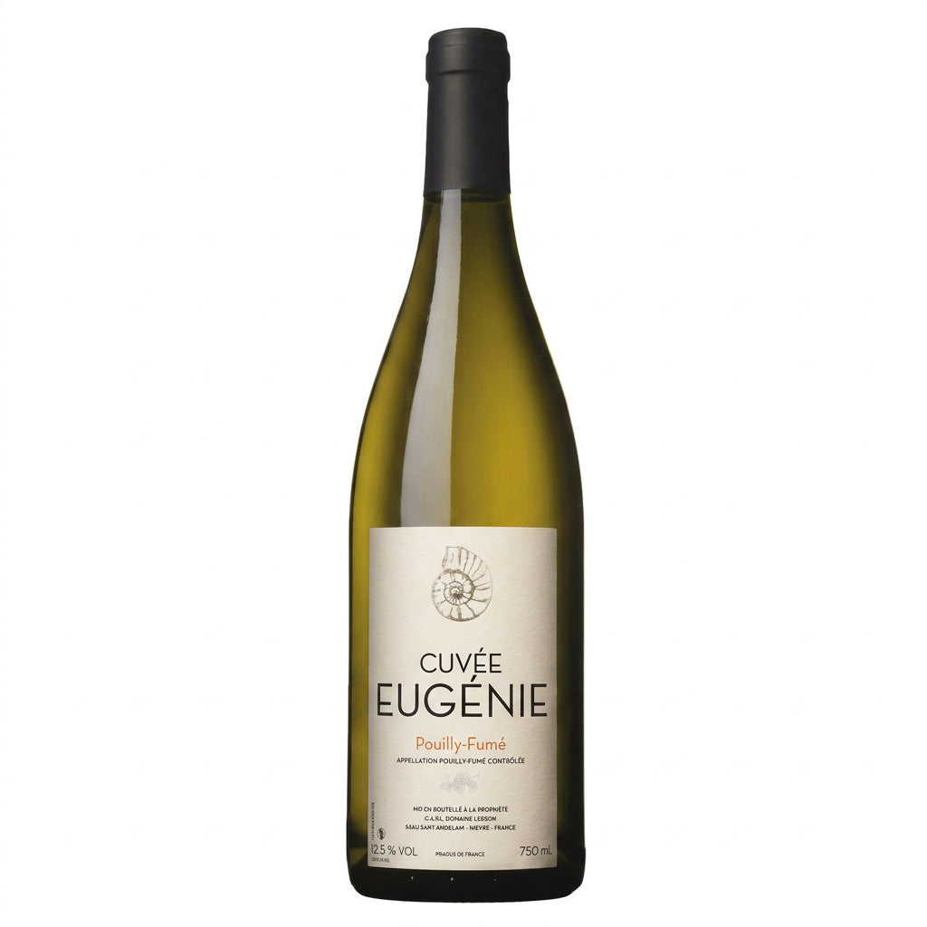 Bottle of Domaine Lebrun Cuvee Eugenie 2018 Pouilly-Fumé wine, featuring a clear glass bottle with a white label and cork closure.