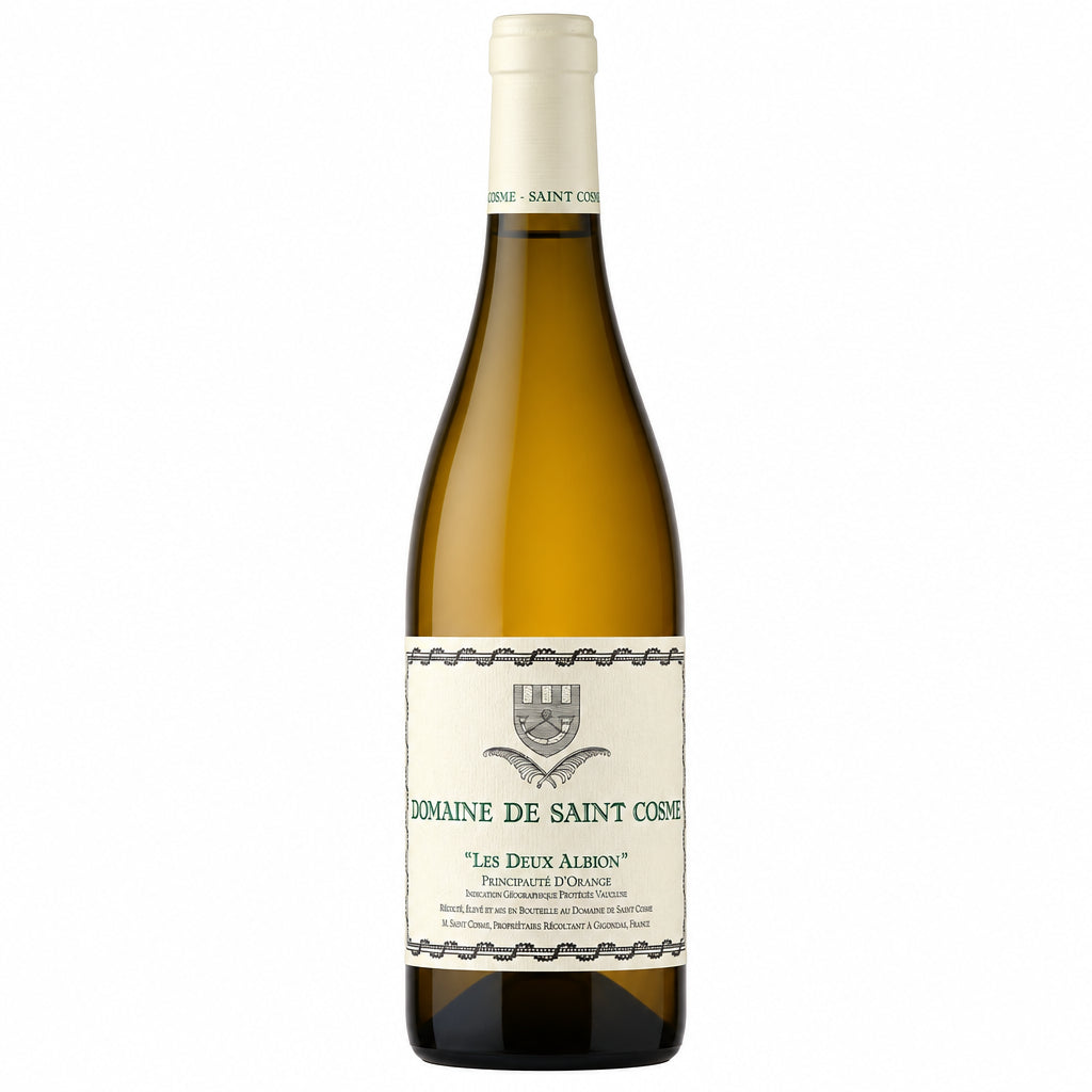 Bottle of Saint Cosme Les Deux Albion wine from Domaine Saint Cosme, showing the label and dark glass bottle.