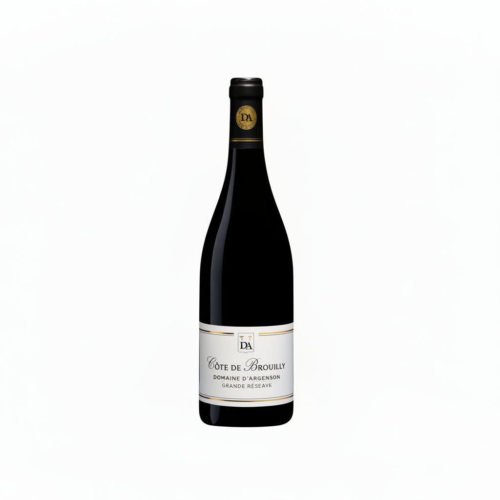 Bottle of Domaine Argenson Cote-de-Brouilly Premier red wine with a dark label and filled glass beside it.