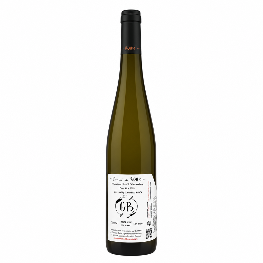 Domaine Bohn Schieferberg Pinot Gris wine bottle with label showing from a front view.