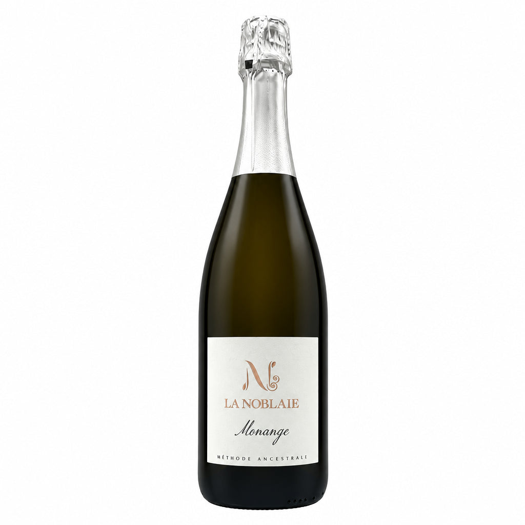 Bottle of La Noblaie Brut Nature Cuvee Monange sparkling wine from Domaine La Noblaie, featuring a clear glass and elegant label.