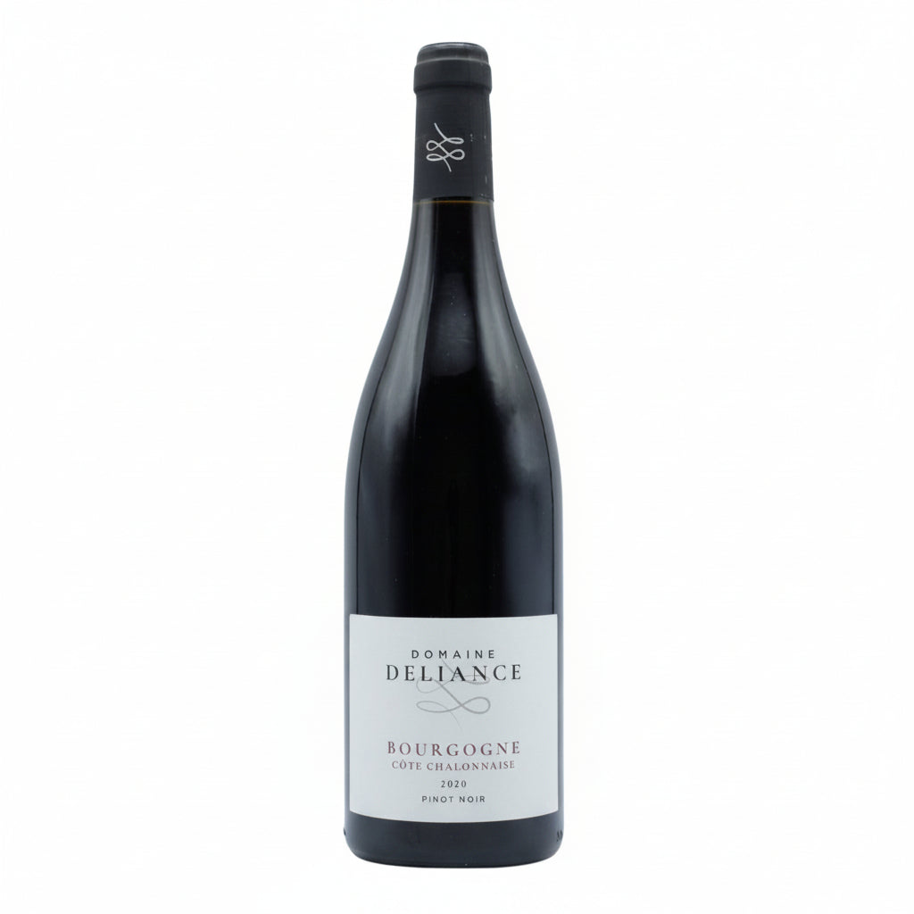 Bottle of Domaine Deliance Bourgogne Pinot Noir wine with a label showing the vineyard name and elegant glass beside it.