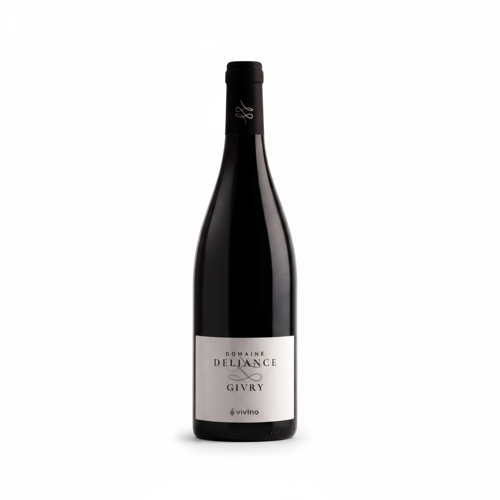 Domaine Deliance Givry Côte Chalonnaise wine bottle with label visible, placed on a wooden surface with a blurred background.