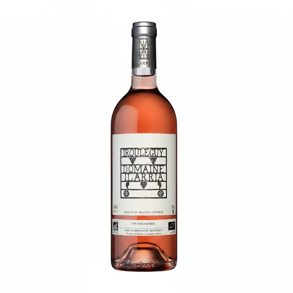 Bottle of Domaine Ilarria Irouleguy Rosé wine with a label featuring the Domaine logo and a pink-hued wine inside the bottle