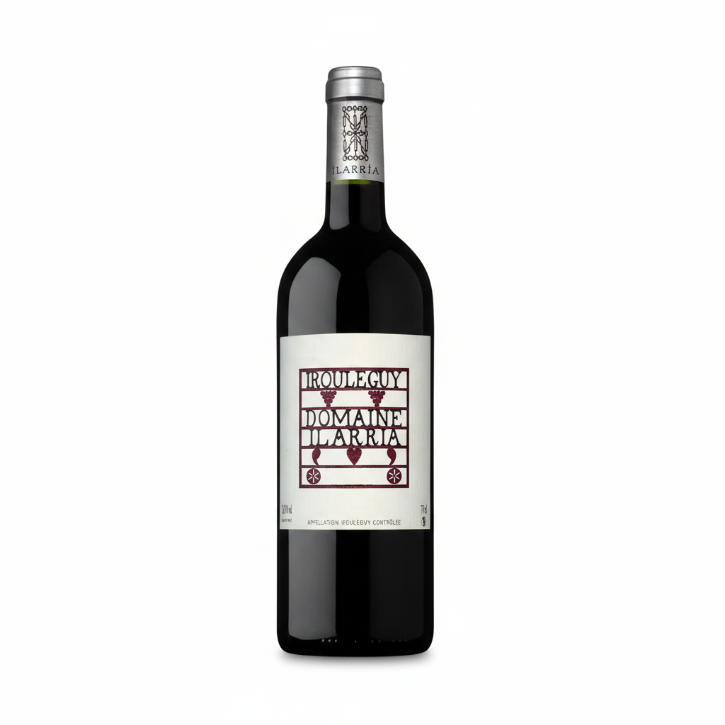 Bottle of Domaine Ilarria Irouleguy Rouge wine with a dark red label, set against a plain background.
