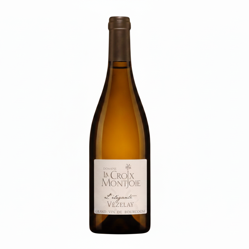 Bottle of Domaine La Croix Montjoie L'Elegante Vezelay white wine with a label showing the Domaine brand and elegant design.