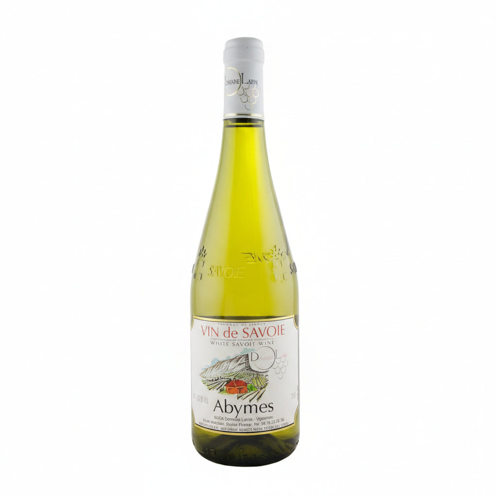 Bottle of Domaine Labbe Abyme de Savoie wine with label visible, showcasing a crisp white wine from the Savoie region.