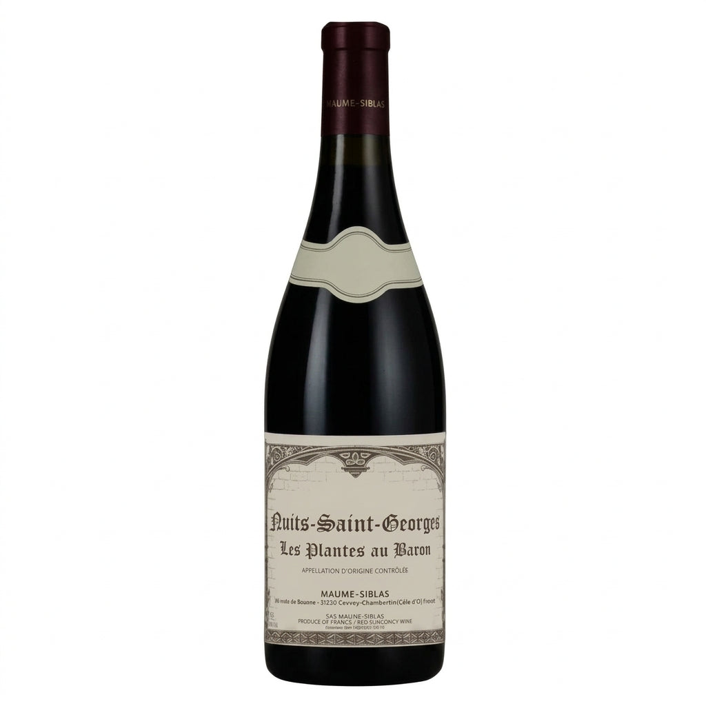 Bottle of Domaine Maume-Siblas Nuits Saint Georges Les Plantes Au Barons wine with label visible and elegant dark glass bottle.