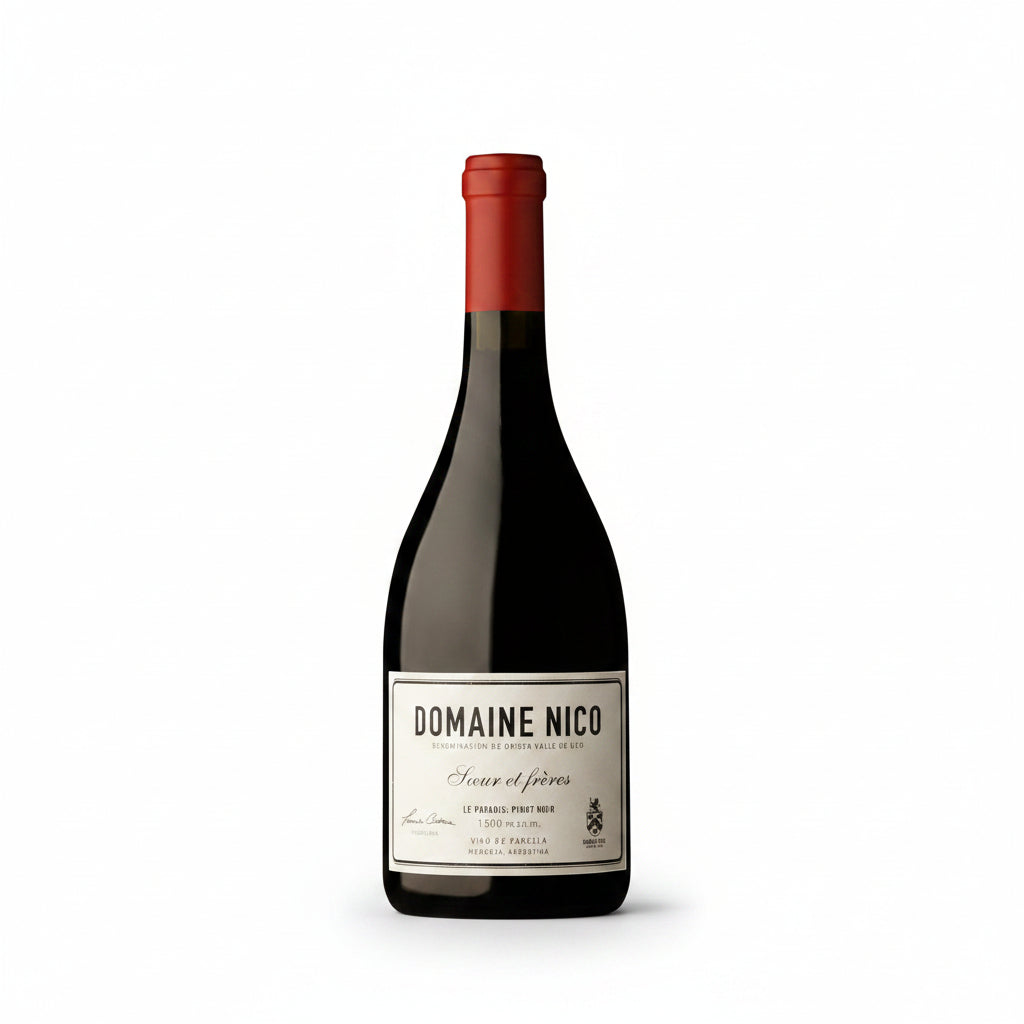 Bottle of Domaine Nico Le Paradis Pinot Noir wine in a clear glass with a dark red hue, labeled with a white and gold design.