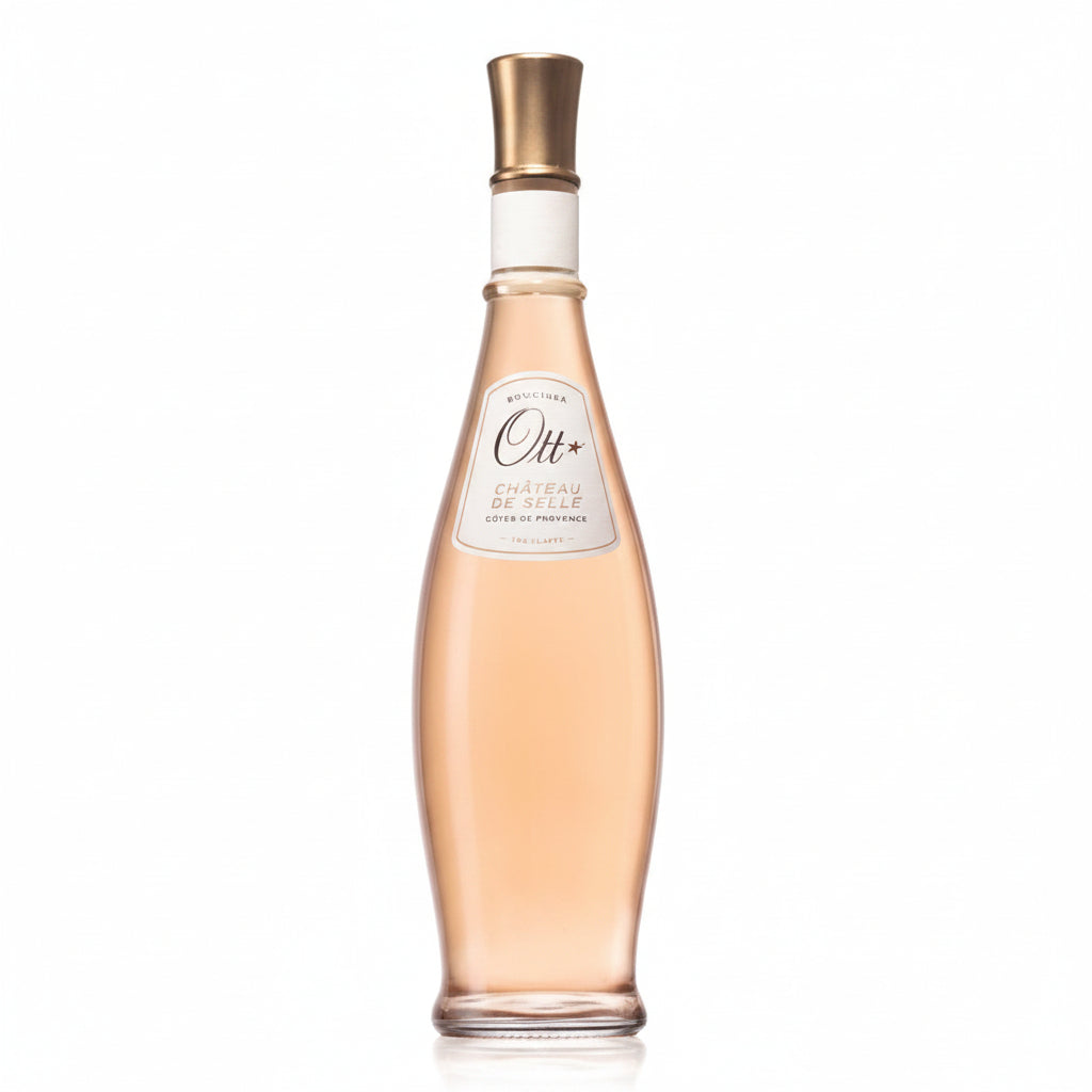 Domaine Ott Chateau De Selle Rosé wine in a 3-liter bottle, with a clear glass showing the pink-colored wine.
