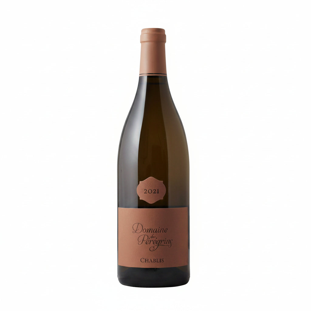 Bottle of Domaine Peregrins Chablis white wine with a label featuring the Domaine logo and elegant vineyard imagery.