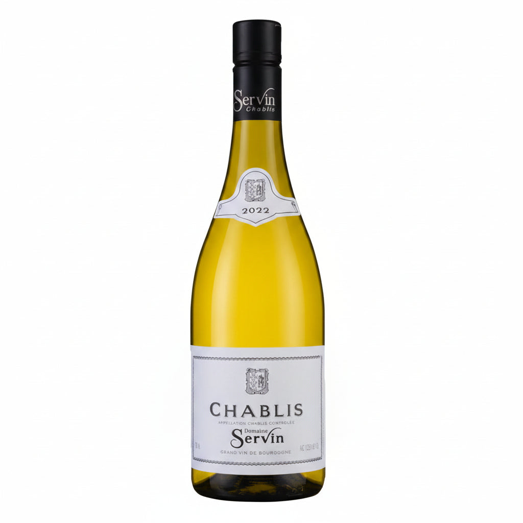 Elegant bottle of Domaine Servin Chablis Les Pargues white wine, showcasing a clear glass bottle with a label and cork.