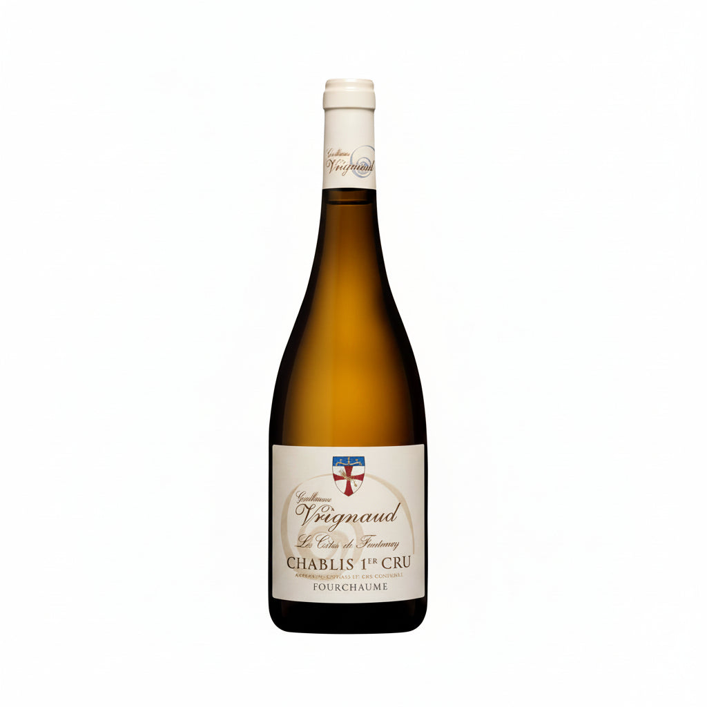 Domaine Vrignaud Chablis 1er Cru Fourchaume wine bottle with label visible, set against a neutral background.