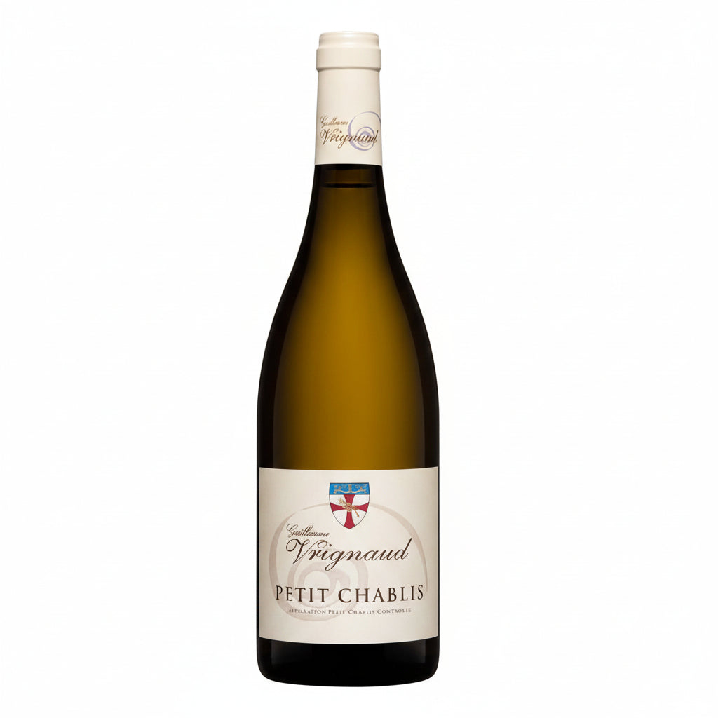 Bottle of Domaine Vrignaud Petit Chablis white wine in a clear glass bottle with a label, set against a neutral background.