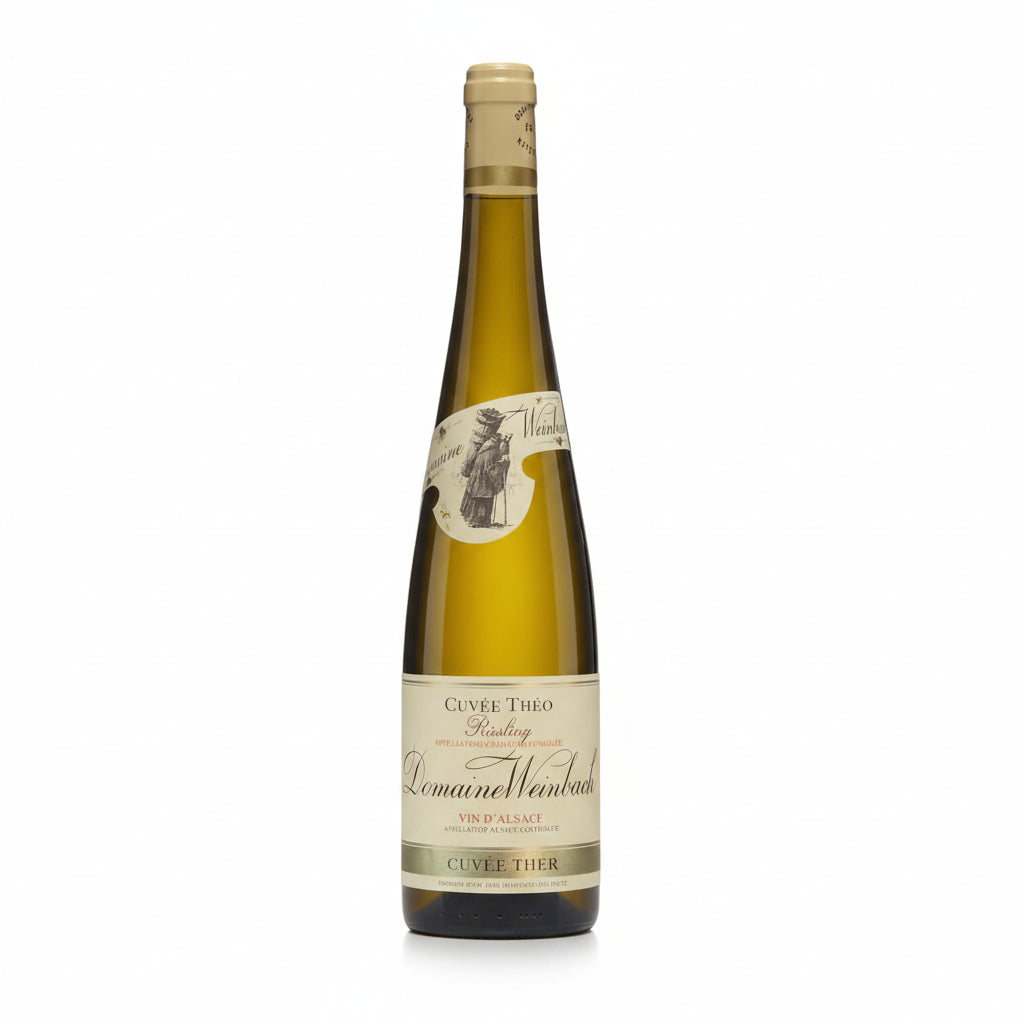 Domaine Weinbach Cuvee Theo Riesling 2022 bottle with elegant label and clear glass showcasing the pale yellow wine inside.