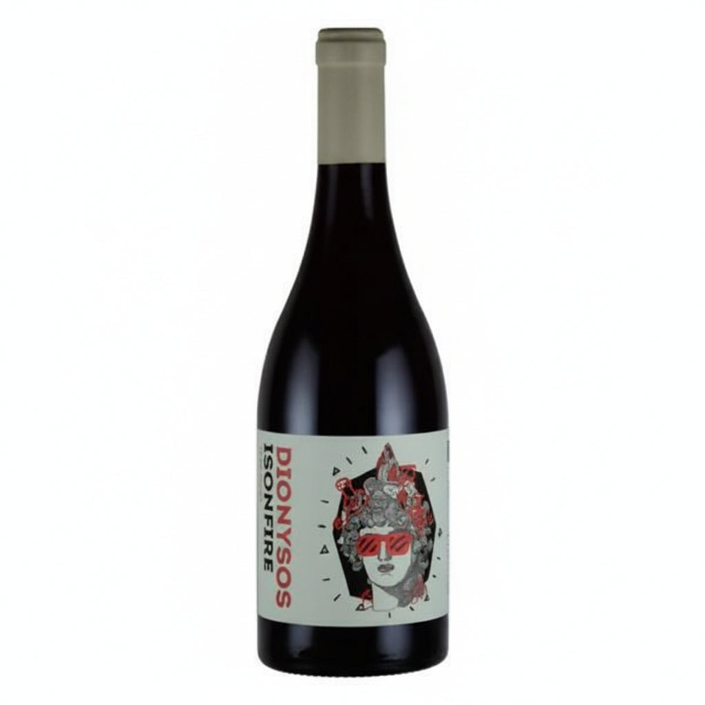 Bottle of Domaine des Marnes Blanches Dionysos Isonfire Gamay wine with label visible, showcasing a vibrant and elegant design.