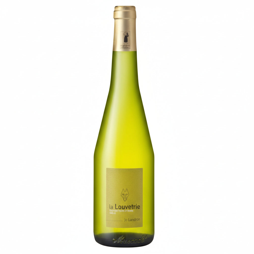 Bottle of Domaines Landron La Louvetrie wine with a label featuring elegant design and vineyard background.