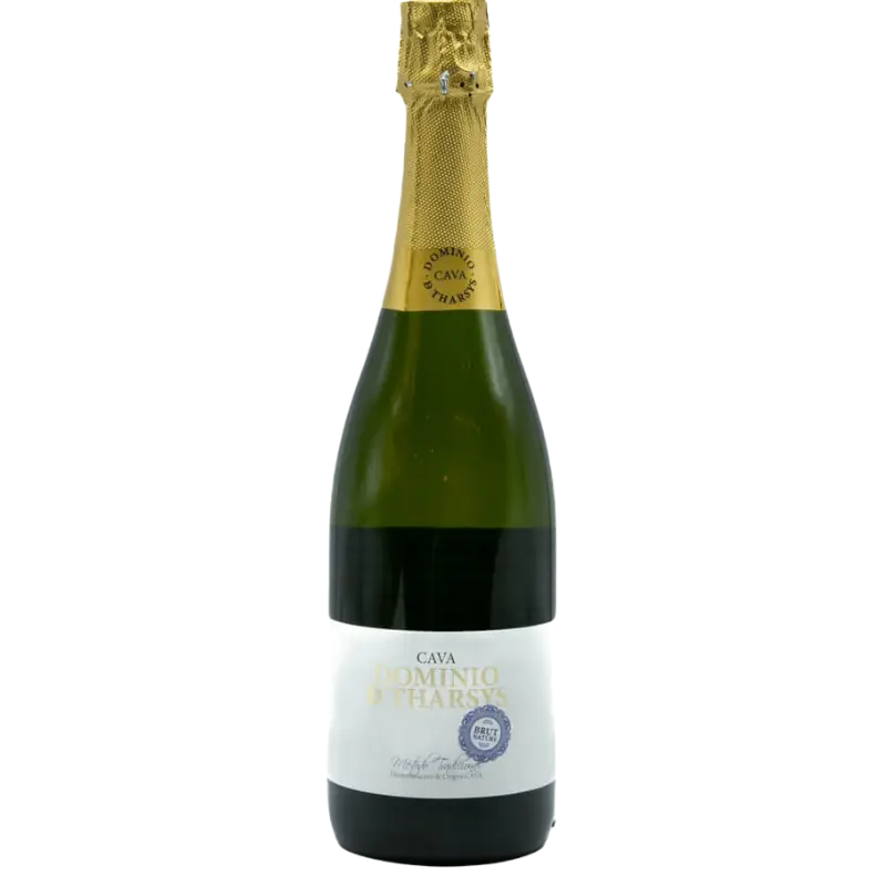 Buy Dominio De Tharsys Brut Cava 750mL sparkling wine with gold foil and white label