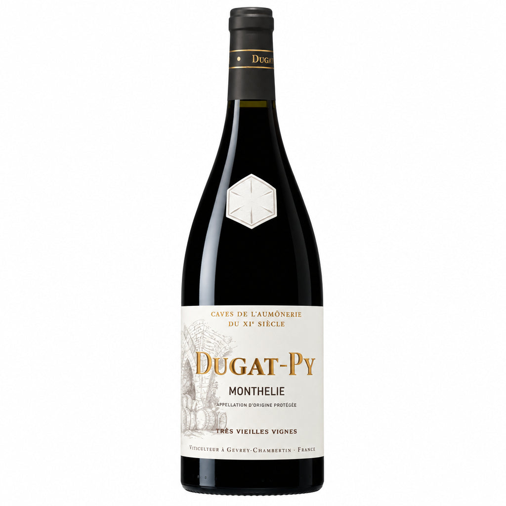 Domaine Dugat-Py Monthelie 1er Cru Les Riottes Rouge wine bottle, dark glass with label featuring vineyard imagery and vintage year.