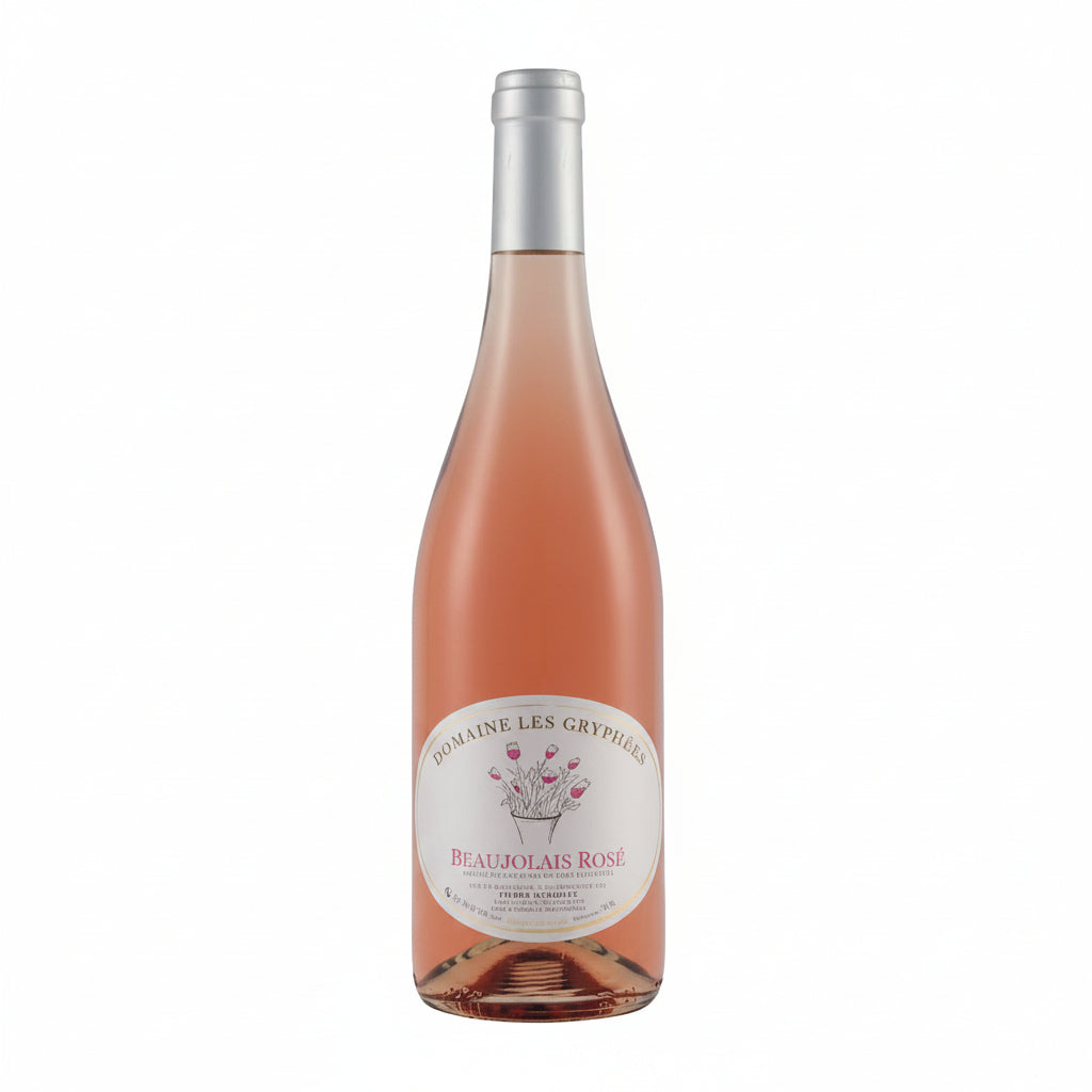 Durdilly Beaujolais Rose wine bottle with a pink label, showcasing a French vineyard background.