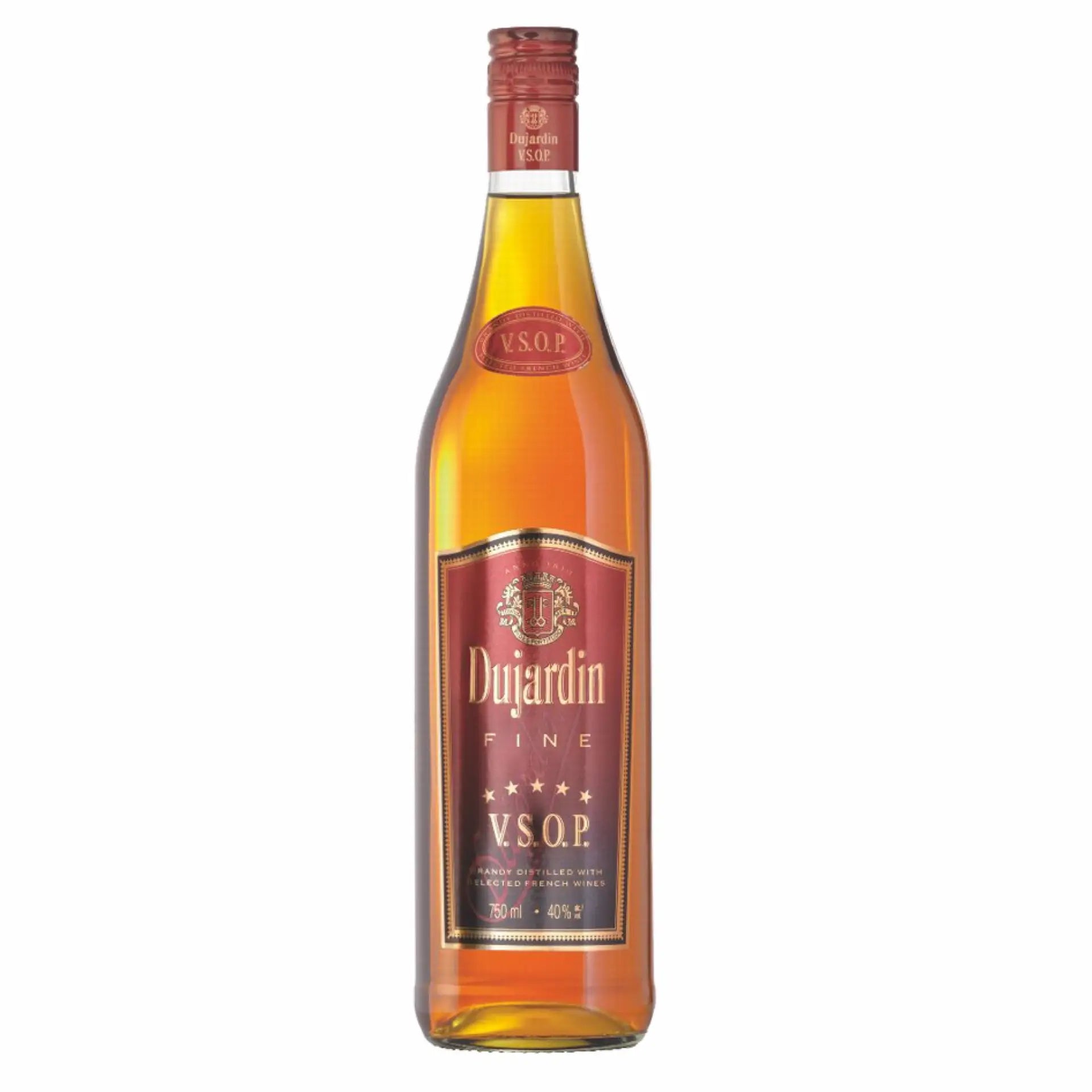 Buy Dujardin VSOP, a fine brandy in a clear bottle with red and gold label, 750ml