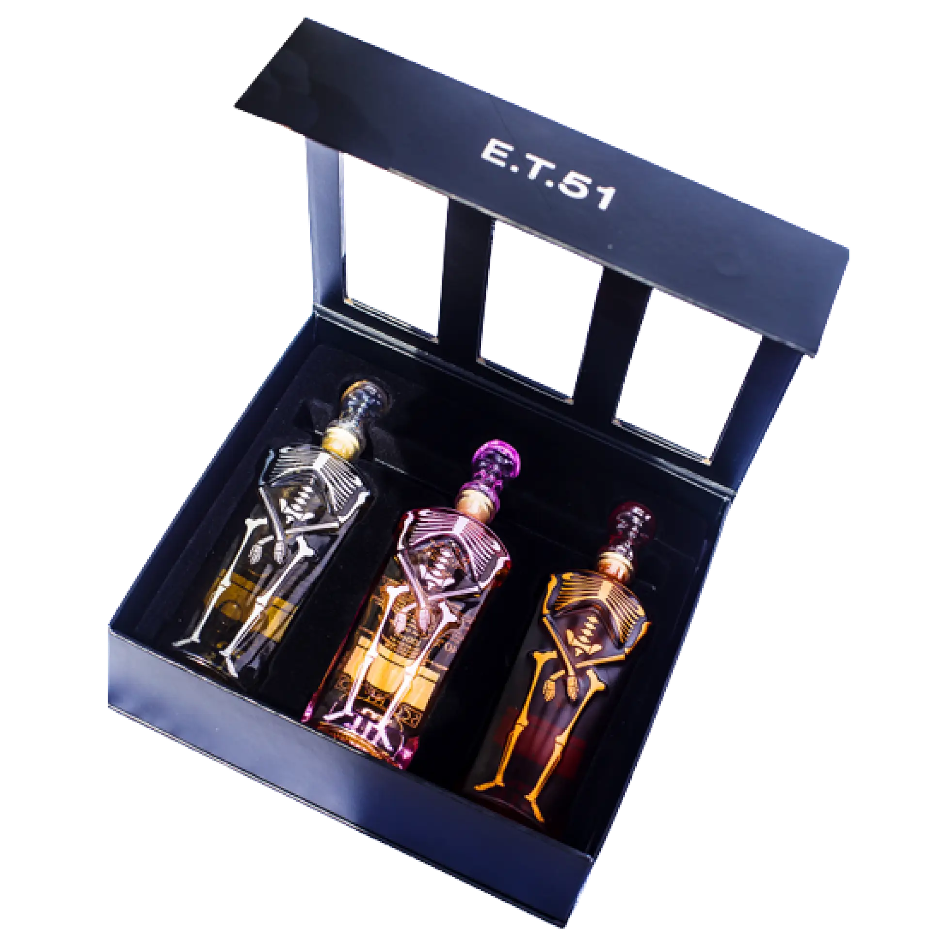 Buy E.T.51 Gift Pack featuring three colorful skeleton-shaped liquor bottles in a box