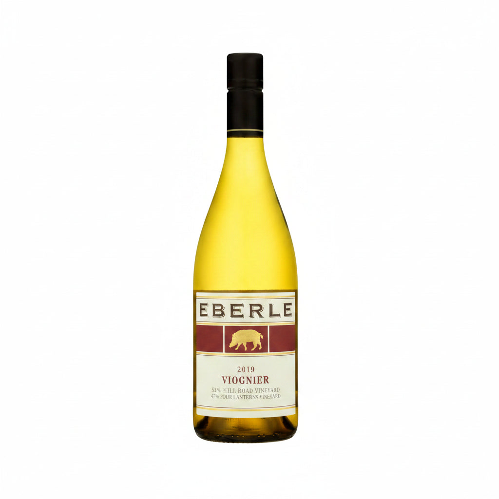 Eberle Viognier 750mL wine bottle with elegant label and clear glass showcasing golden-yellow wine.