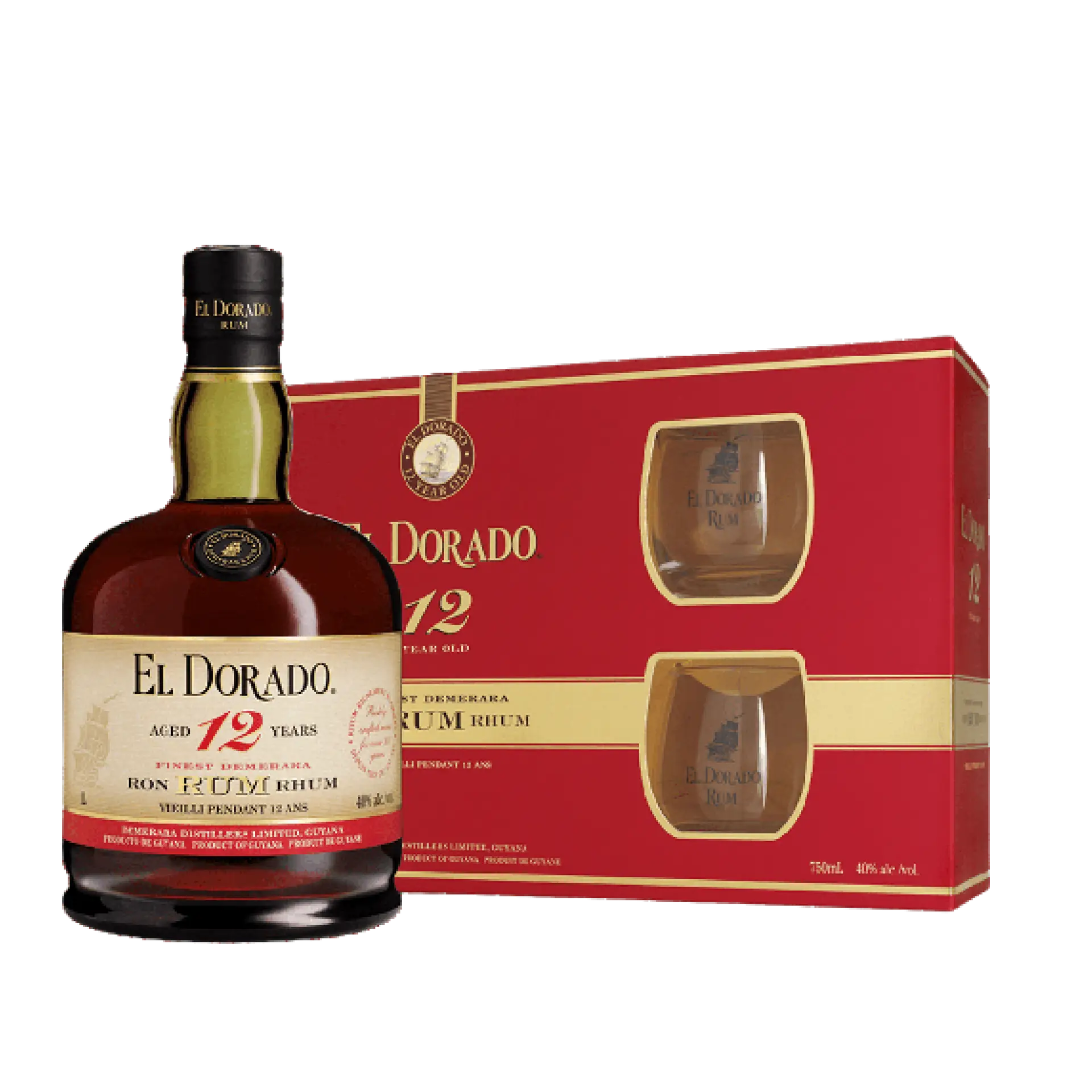 buy El Dorado 12 Year Rum Gift Pack 750mL with two branded glasses