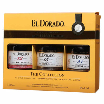 El Dorado Collection gift pack with three 375mL bottles of premium rum, featuring elegant packaging and branding.