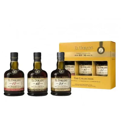 El Dorado Collection gift pack with three 375mL bottles of premium rum, showcasing the El Dorado brand and packaging design.