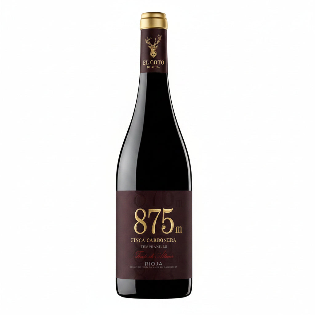 Bottle of El Coto 875M Finca Carbonera Tempranillo red wine in a 750mL bottle with a dark label and elegant design.
