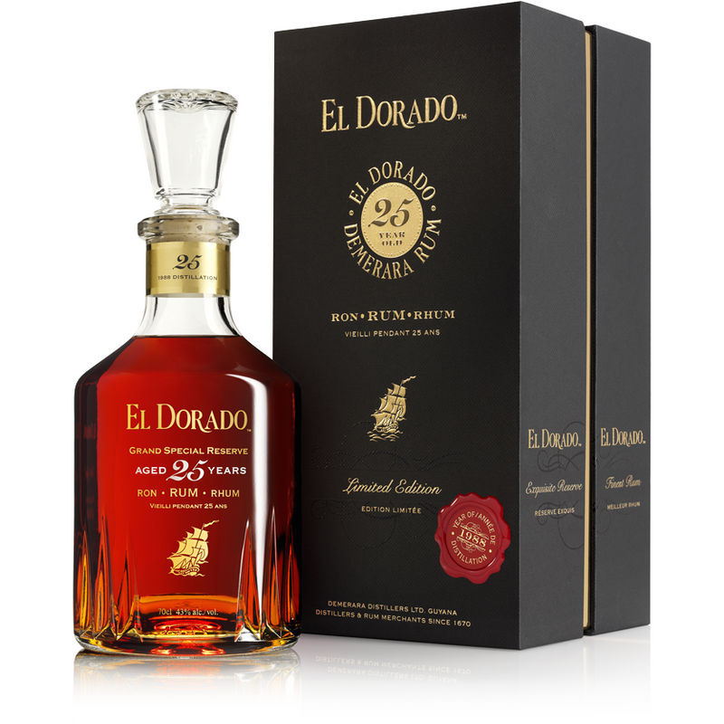Bottle of El Dorado 25 Year Rum with a dark label and clear glass showing the deep amber liquid inside.