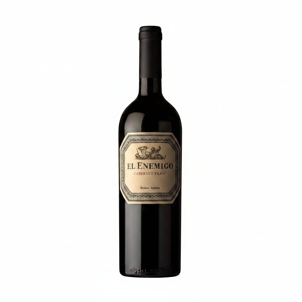 Bottle of El Enemigo Cabernet Franc wine, 750mL, featuring a dark glass bottle with a label displaying the brand and wine details.