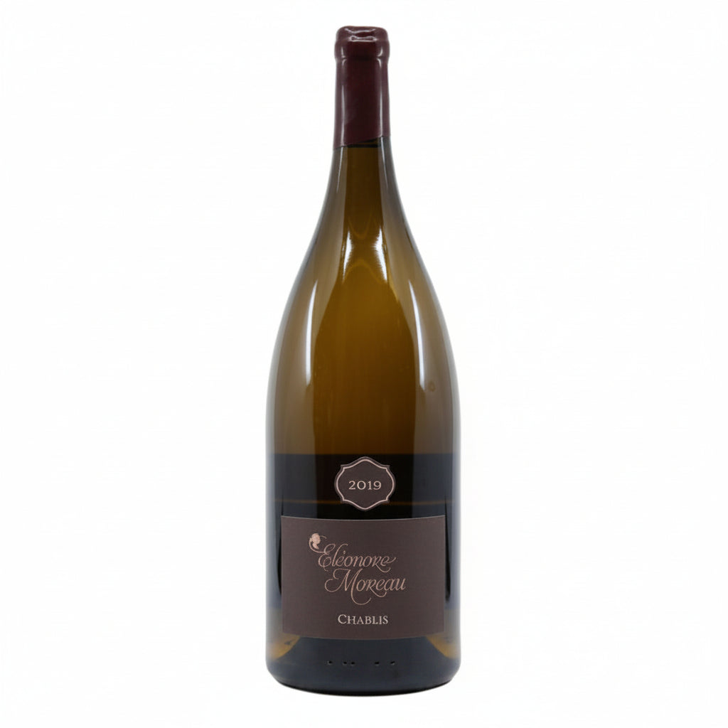 Eleonore Moreau Chablis 1.5L wine bottle with label featuring elegant design and gold accents.
