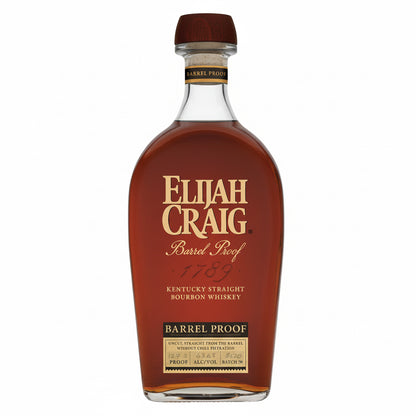 Elijah Craig Barrel Proof bourbon in a 750mL bottle with a clear label, showcasing rich amber color and detailed packaging.