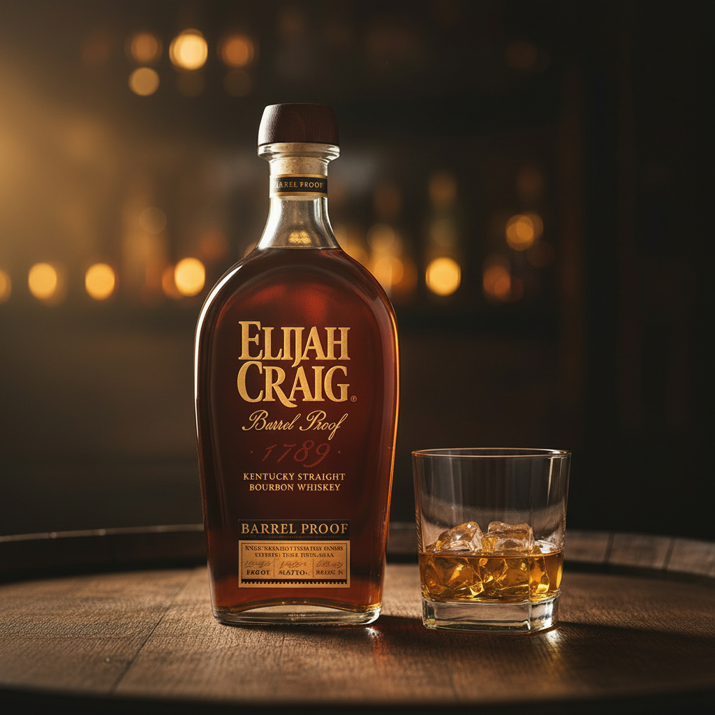 Bottle of Elijah Craig Barrel Proof bourbon in a 750mL bottle, with a dark amber liquid inside and a black label.