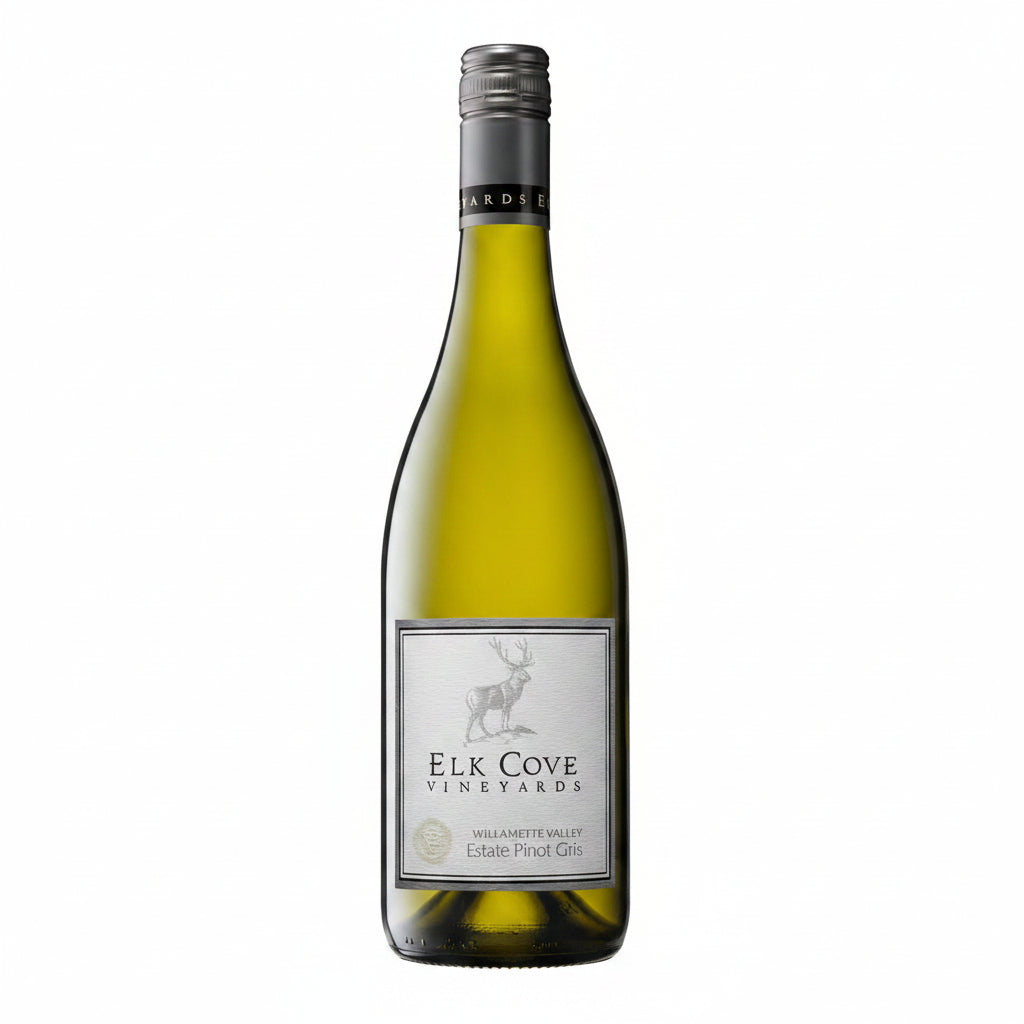 A 750ml bottle of Elk Cove Pinot Gris wine with a label featuring a scenic vineyard view and elegant branding.