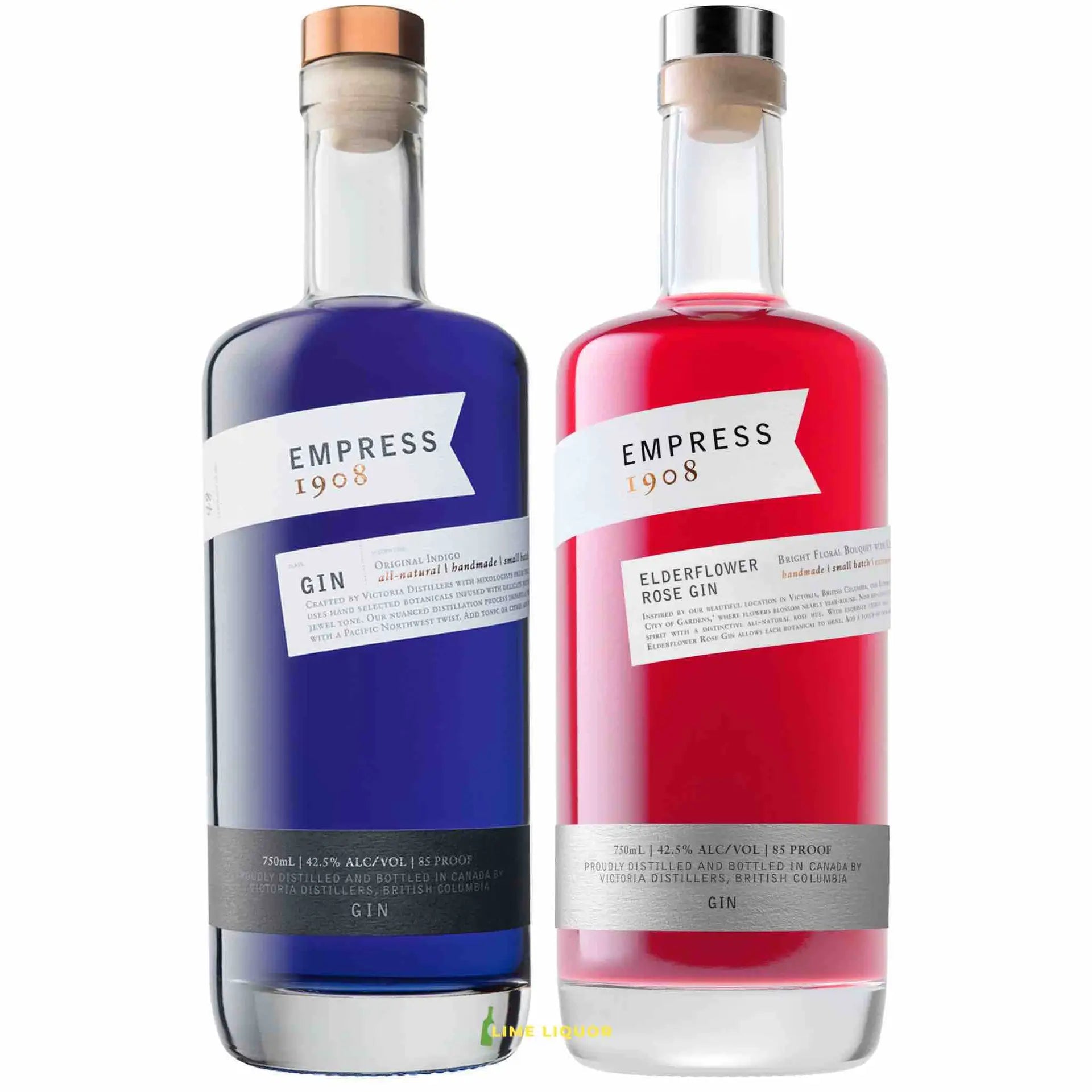 Buy Empress 1908 Mixed Pack featuring two colorful gin bottles, indigo and rose.
