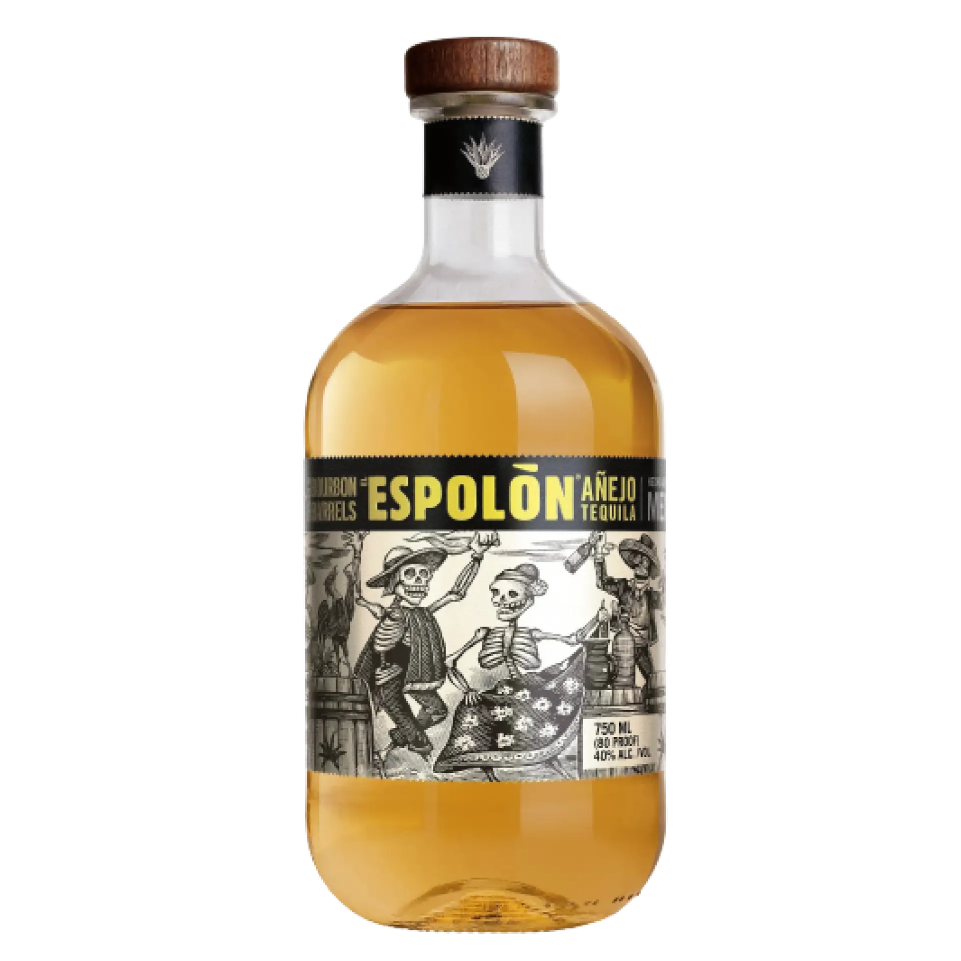 Buy Espolon Anejo Tequila 750mL, amber liquor bottle with skeleton label art
