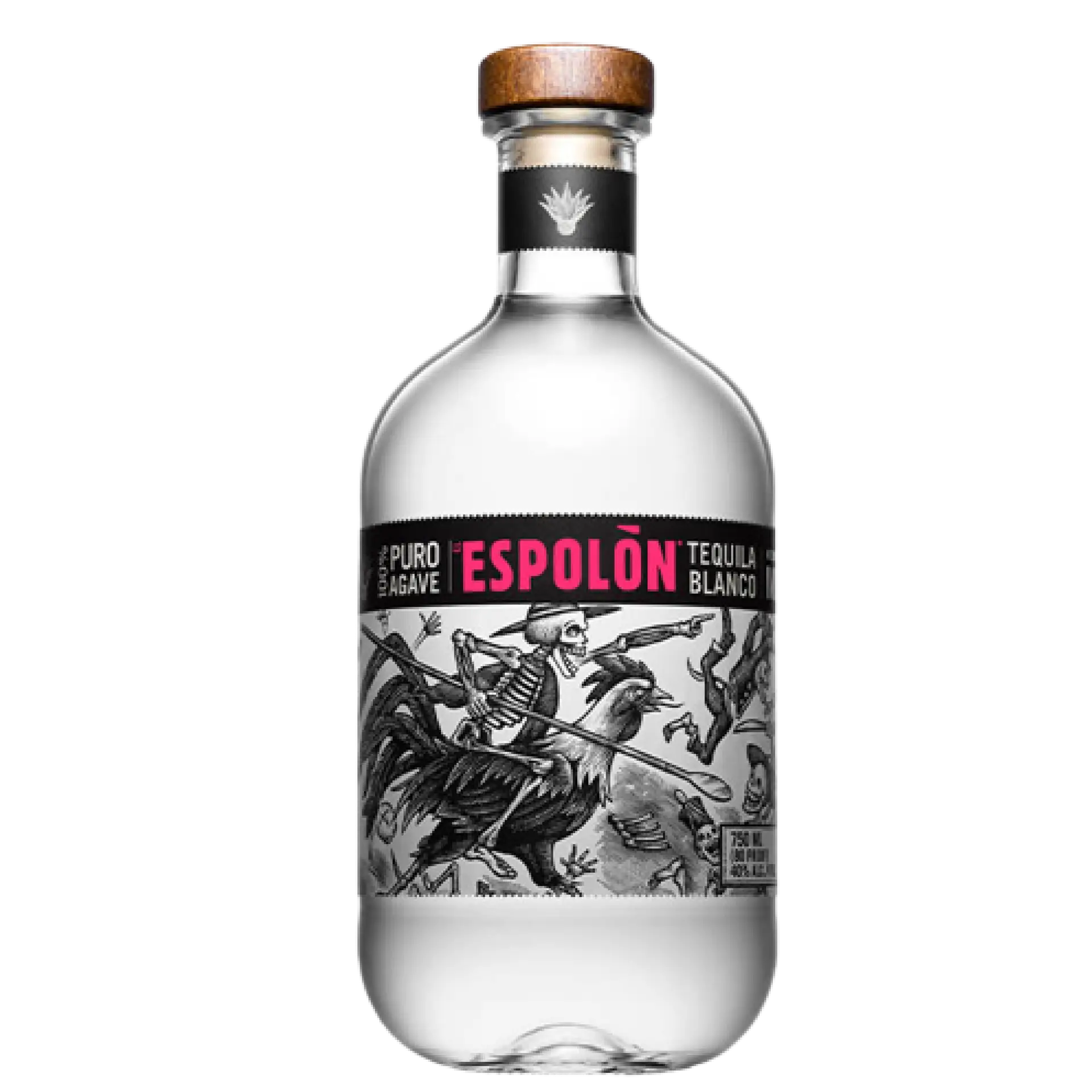 Buy Espolon Tequila Blanco 750mL clear bottle with rustic cork and skeleton label design.
